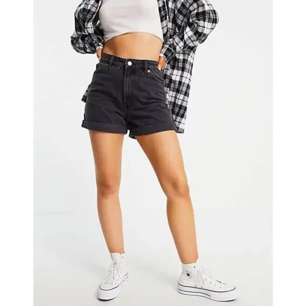 GUC Monki H&M Women High Waist Denim Shorts Black Cuffed Stretch Size 25